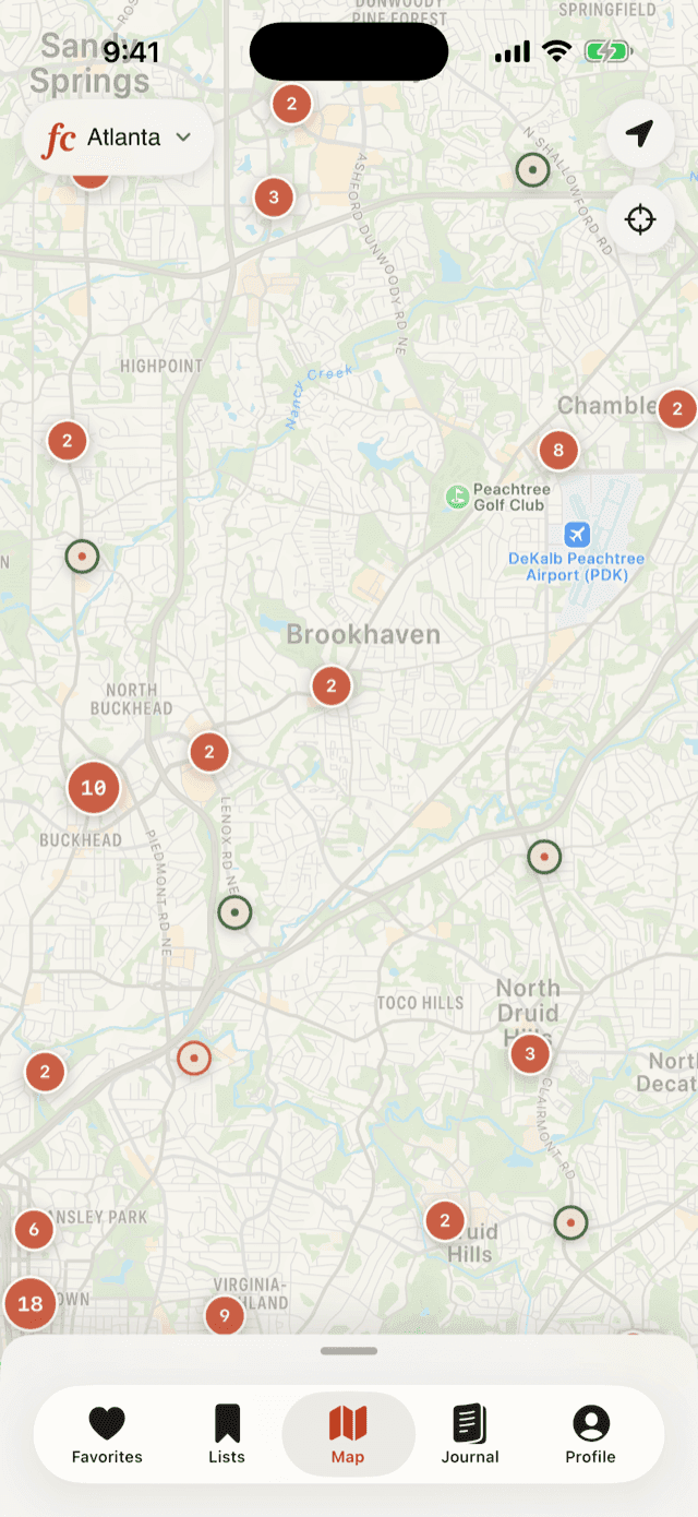 First Crack iOS app — Atlanta map with clustered coffee-shop pins